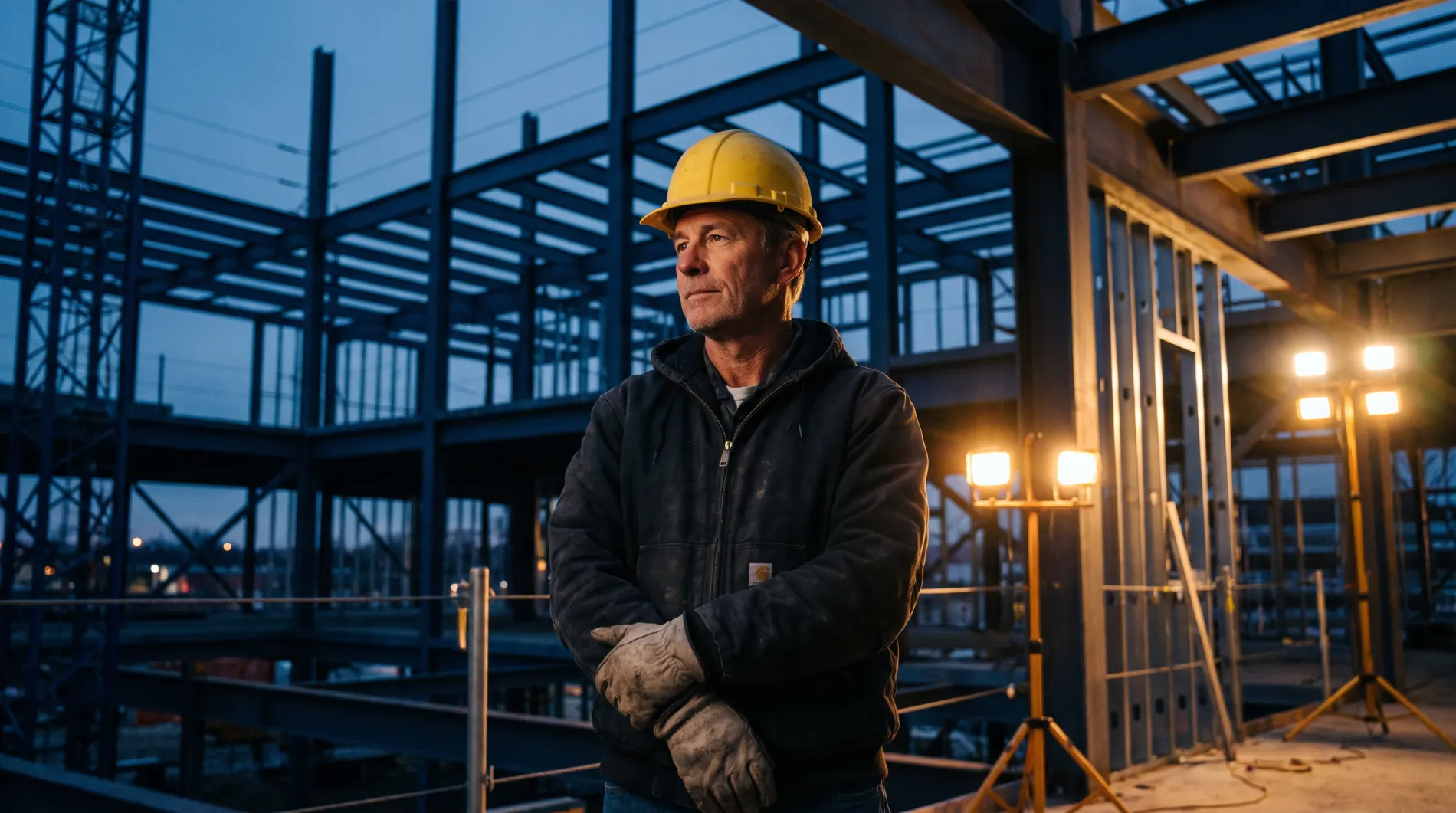 Contractor on a steel-frame job site at dusk