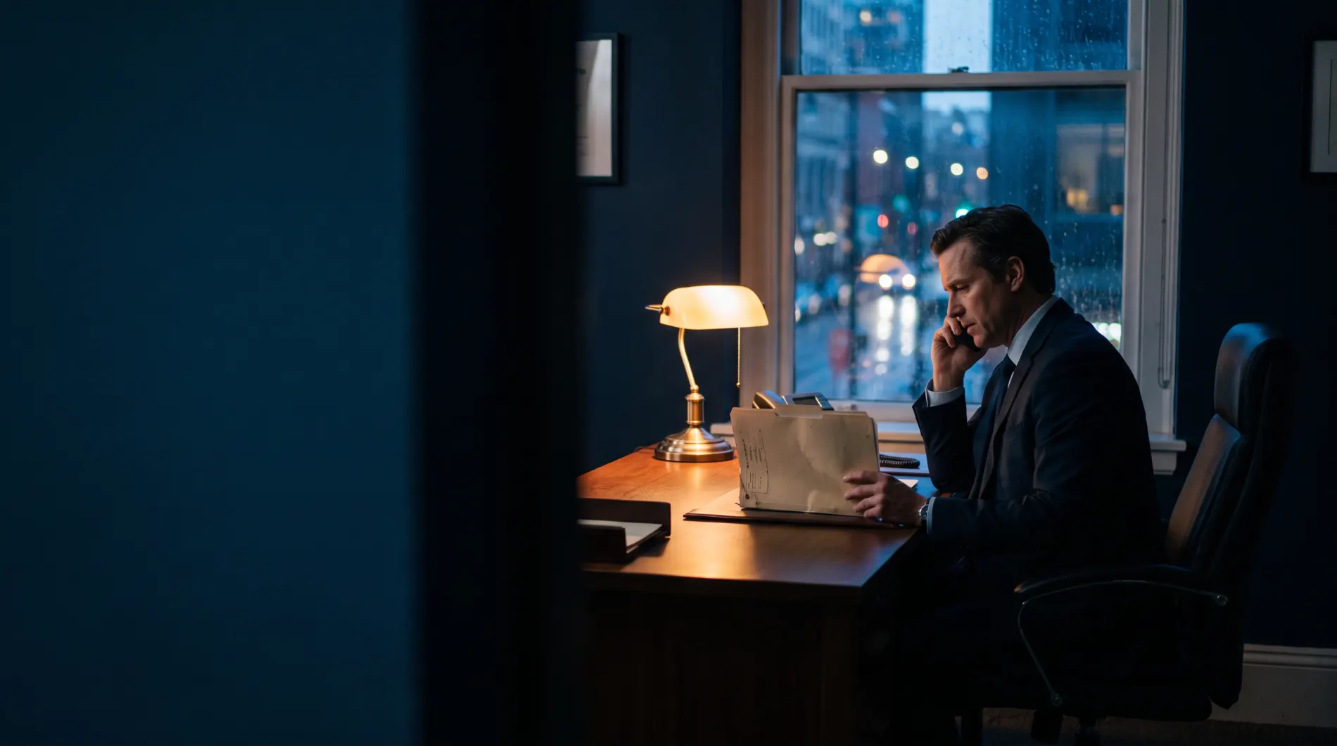A funding advisor reviewing a file by phone at dusk